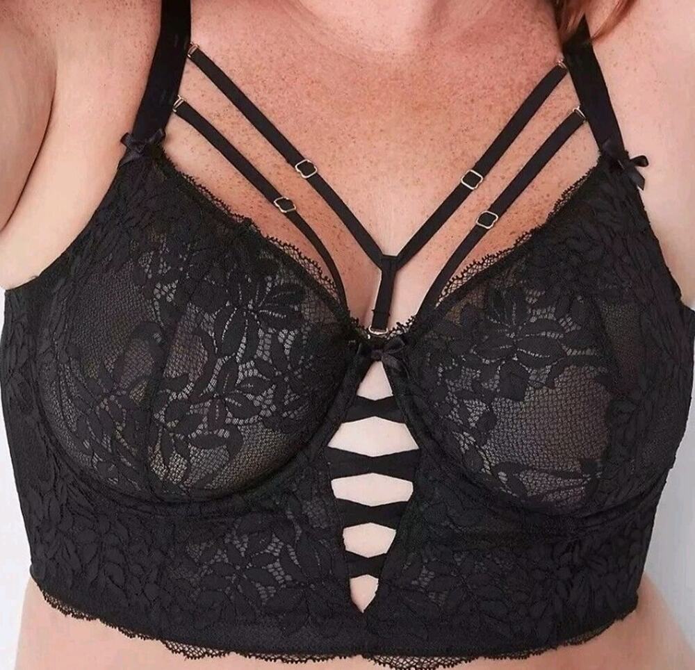 NWT CACIQUE BRA 44D BLACK LACE BOW LINGERIE SERIOUSLY SEXY STRAPPY VALENTINES